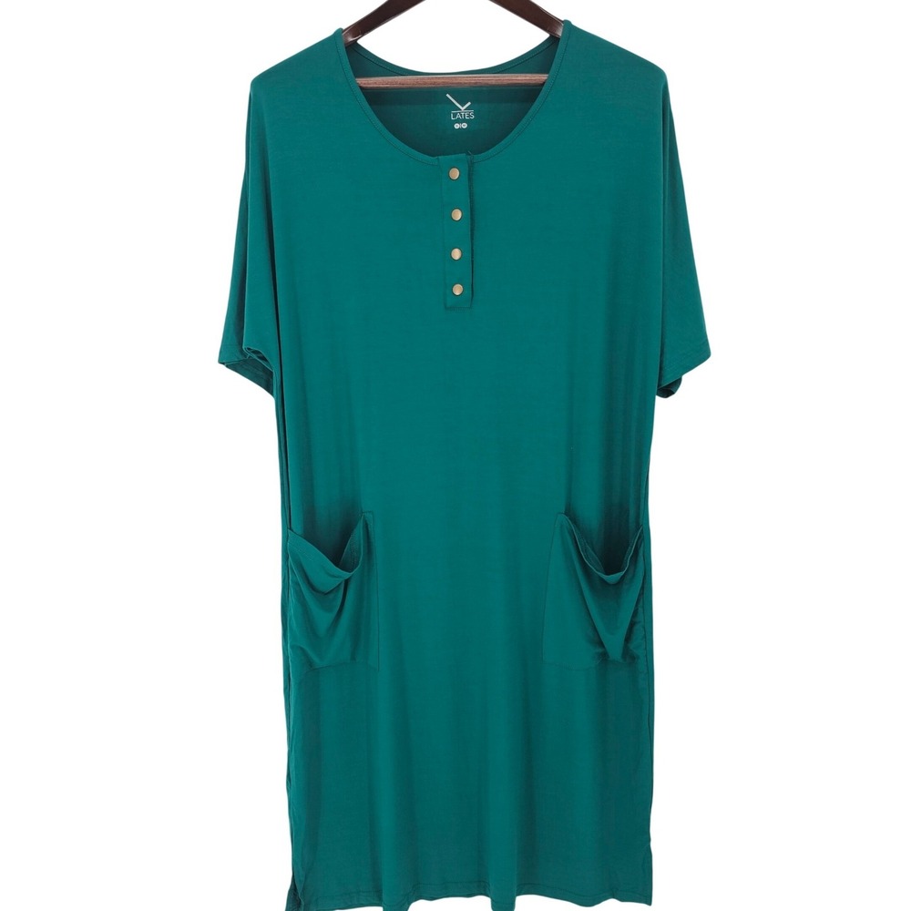 Lates by Kate Teal Green Button Neck Henley Nightgown Pajamas Pockets Size‎ M